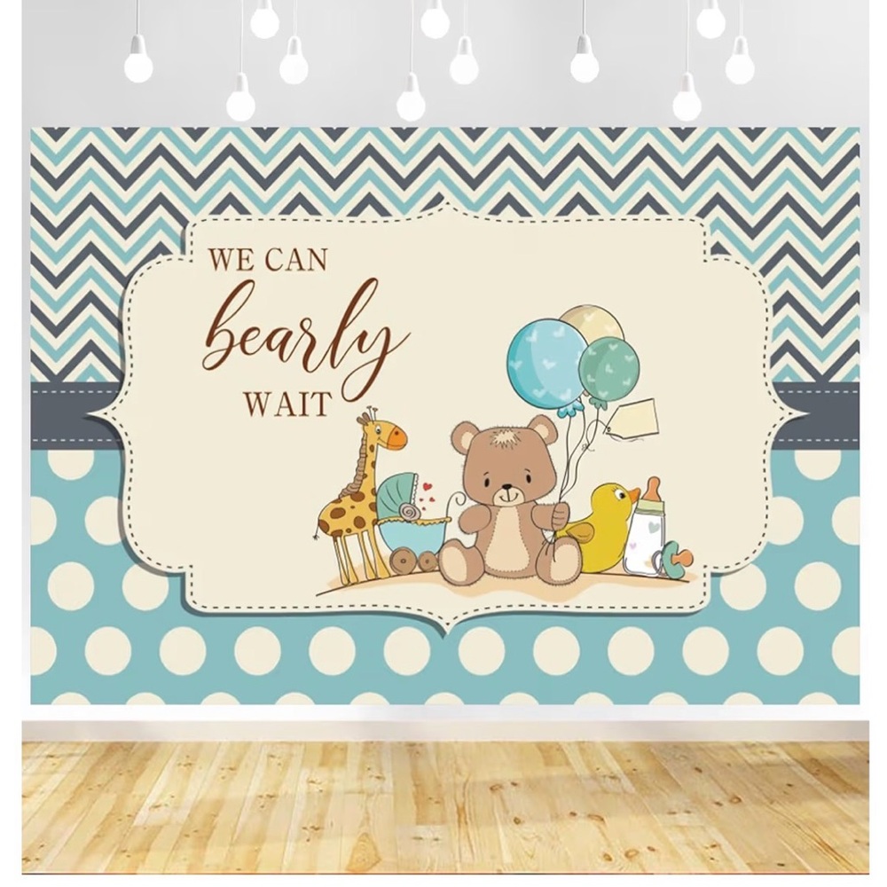We Can Bearly Wait Boys Background #3,5 x 4,Baby Shower Blue & white,Cute Bear